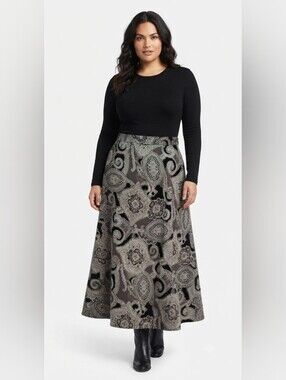 Intriguing Threads Women's Vintage Gray Paisley Print Formal Midi Skirt Size 12